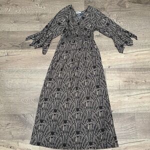 LAPOGEE Women's Midi Maxi Dress Geometric Print Fairy Sleeves Vamp‎ Size L Dark